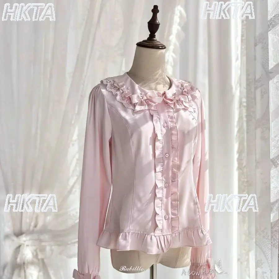 

Sweet Pink Black Shirts Bows Pearl Ruffles Lolita Girls Women Chiffon Long Sleeves Shirt 2026 Summer New Fashion Blouse Top