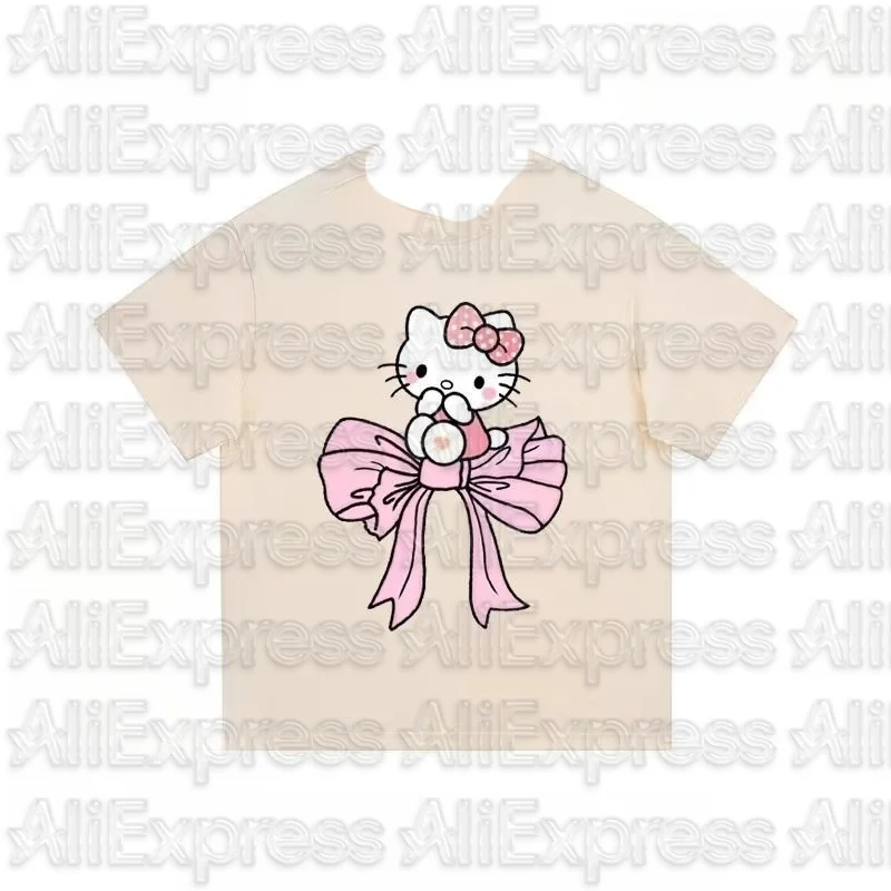 MOTO Hellokitty الوردي KT القط القوس الكرتون قصيرة الأكمام القطن الخالص تي شيرت لطيف الراقية الفاخرة لكل من الرجال والنساء أفضل Y2k #4