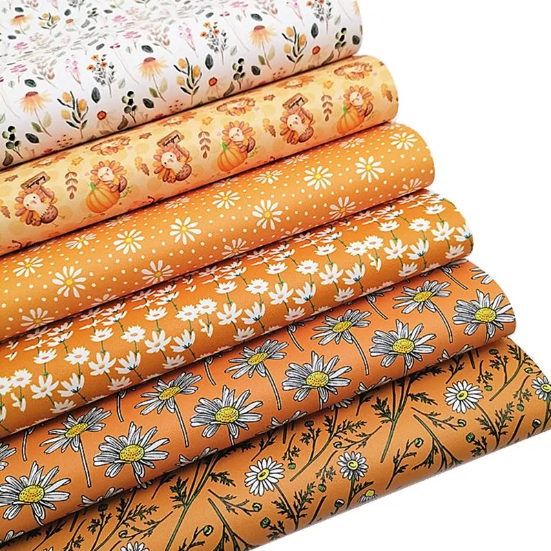 Autumn Daisy Flowers Pumpkins Synthetic Leather Fabric Sheets Faux Leather For Bags Shoes Bows DIY Craft Sheets Mini Rolls W192