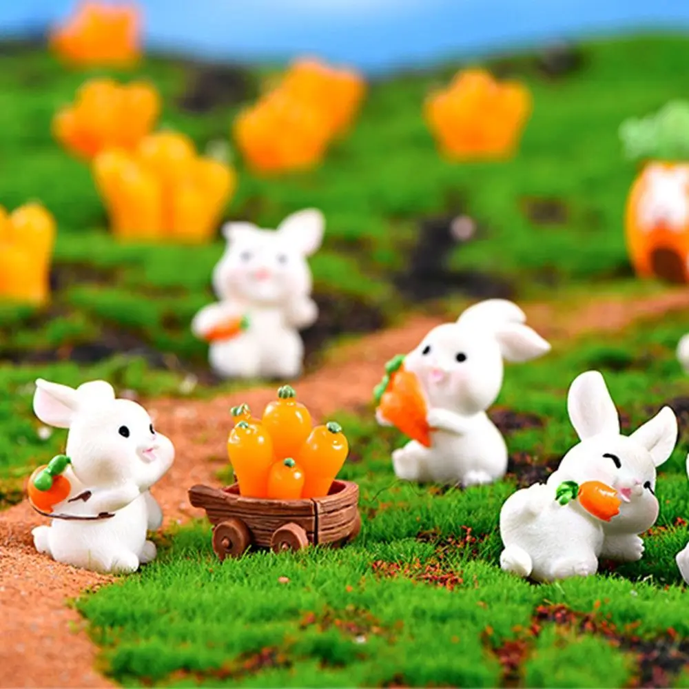 Micro Landscape Bonsai Ornament Cartoon Carrot House Mini Animal Statue Miniature Rabbit Figurine Resin Bunny Basket