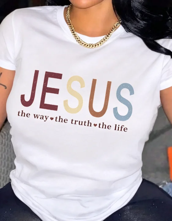 2026 Fashion New JESUS The Way Love The Truth Love The Life Letter Graphic Women Round Neck Short Sleeve T-Shirt Casual Basic Top Tee