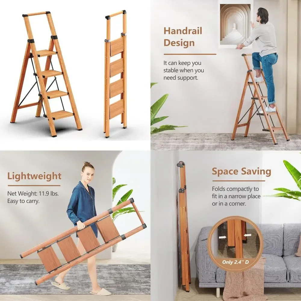 

4-Step Folding Ladder with Anti-Slip Wide Pedals, Lightweight Aluminum Step Stool, Handgrip, Space-Saving Design