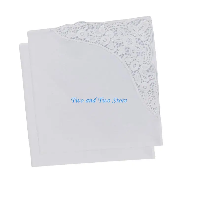 HX6F Twin Set Refined White Wedding Handkerchiefs Natural Cotton With Intricate Lacework