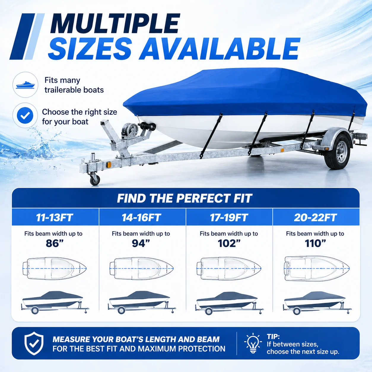Trailerable Boat Cover 11-22FT All Weather Marine Protector with Tie Down Straps Sunproof Dustproof Storage for Fishing Boats