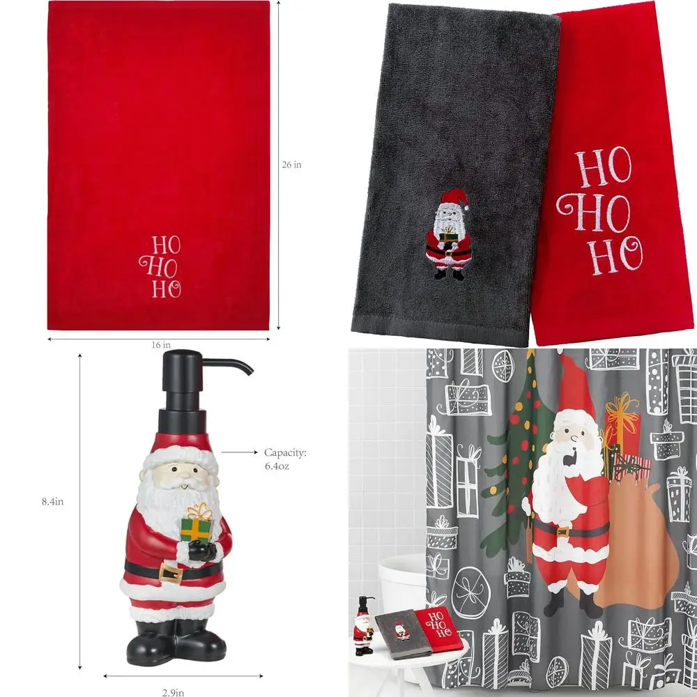 

Christmas Bathroom Accessory Set: 17-Piece Holiday Decor with Soap Pump, Bath Rug, Shower Curtain, Towels, Hooks & Silly Santa