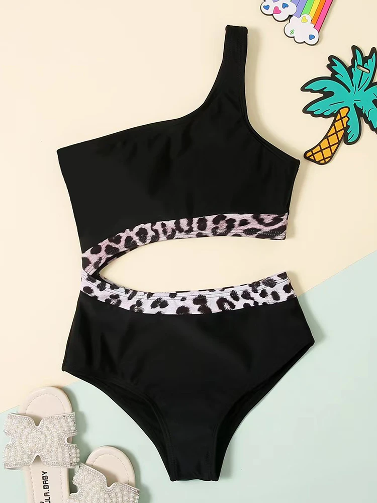 

One Piece Kids Swimsuit Girls 2025 New Black One Shoulder Children Swimwear Bodysuit Monokini Summer Beach Bathing Suit Swimming