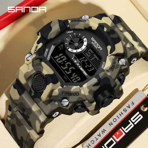 Fashion SANDA 2183 Men's Camouflage Military Multi Functional Waterproof Day Night Light Calendar Men's Electronic Watch 2025