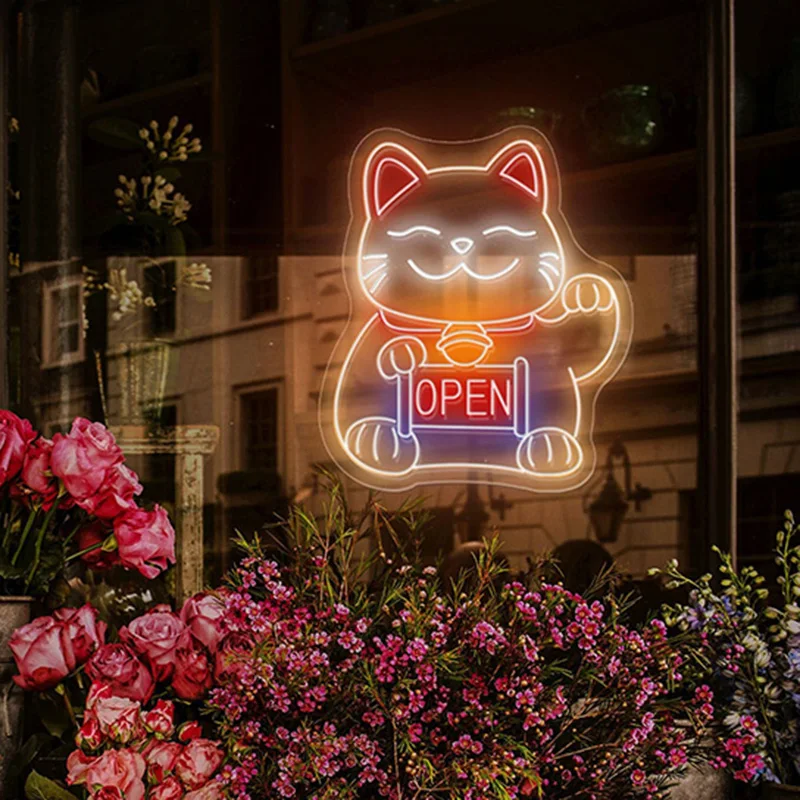 Open Lucky Cat Neon Sign Animal Japanese Custom Neon Light for Bar Cafe Shop Front Signage Wall Art Decoration Led Light