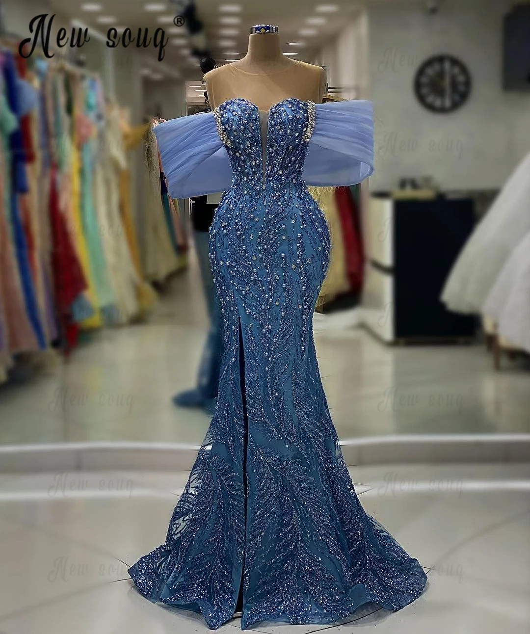 Elegante vestido de noche azul claro con hombros descubiertos para mujer, vestidos de sirena para eventos de boda, vestidos de noche árabes