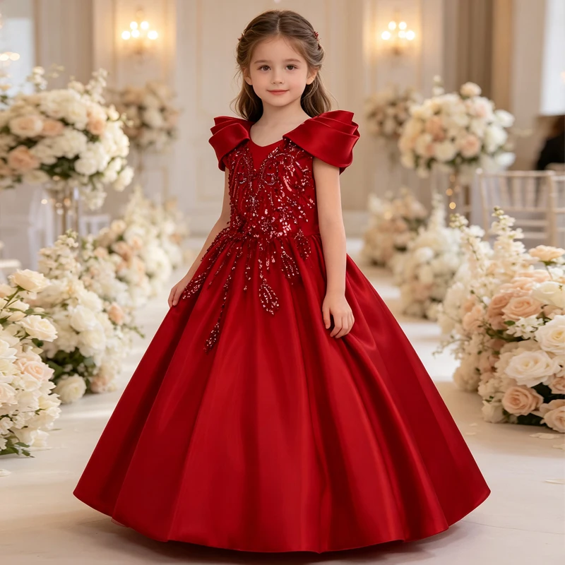 Fashion Kids Girls Red Evening Dress 3-12 Years Luxury Beaded Sequin Bow Shoulder Satin Evening Gown Girl Princess Dress