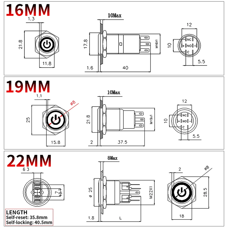 2no2nc 16/19/22mm à prova dwaterproof água interruptor de botão de metal led luz momentânea interruptor de potência do motor do carro 3/6/12/24/220v