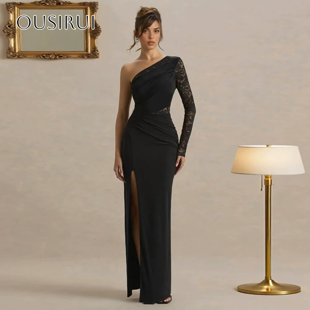 레이스 원숄더 쉬폰 프롬 드레스 슬릿 롱 슬리브 발목 길이 플리츠 파티 가운 맞춤 제작 웨딩드레스