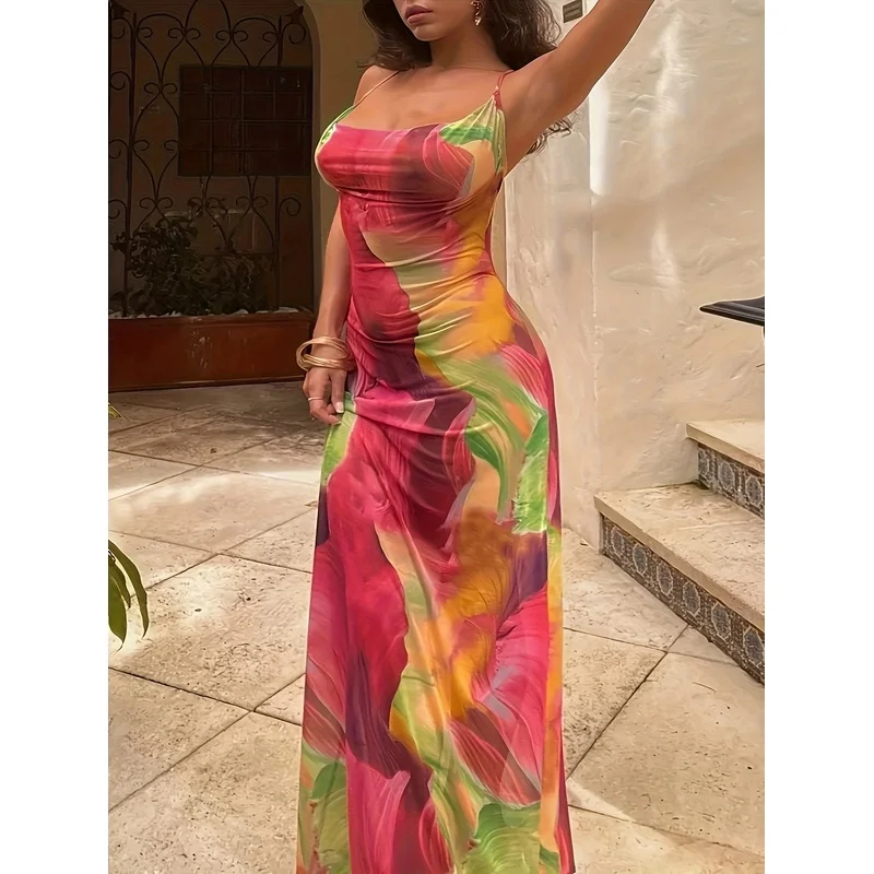 Gradient Flower Print Strapless Suspender Long Skirt for Women Sexy Tight Fit Hip Hugging Leisure Beach Vacation Gown