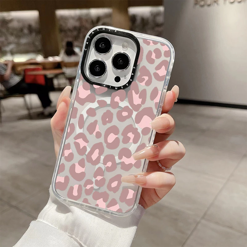 Fashion Pink Leopard Print Clear Case For Iphone 11 12 13 15 16 Pro Max Wireless Magnetic Charging Soft 14 Plus Shockproof Cover