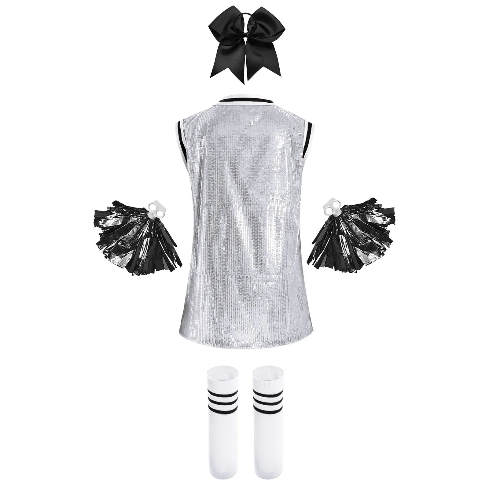 Kids Girls Cheerleading Uniform Outfit Round Neck Sleeveless Sparkly Sequins Dress with Socks Headwear And 2Pcs Flower Balls