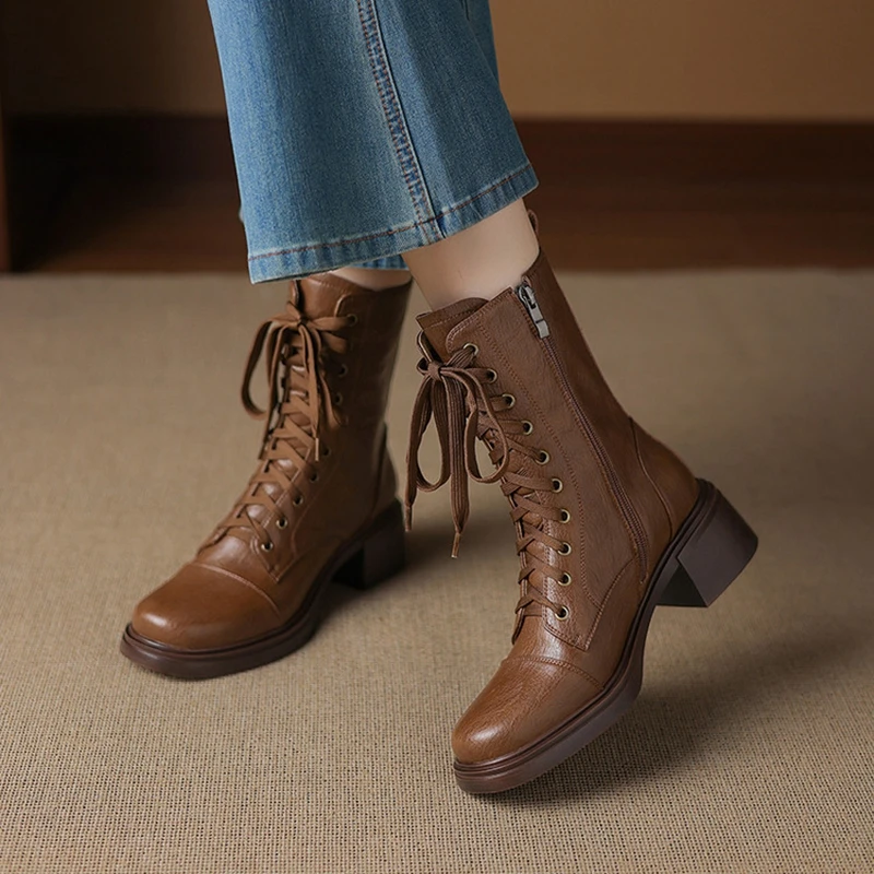 

Women's new leather handmade cowhide round toe lace up zipper high heel plus size and calf short boots short tube fashion boots