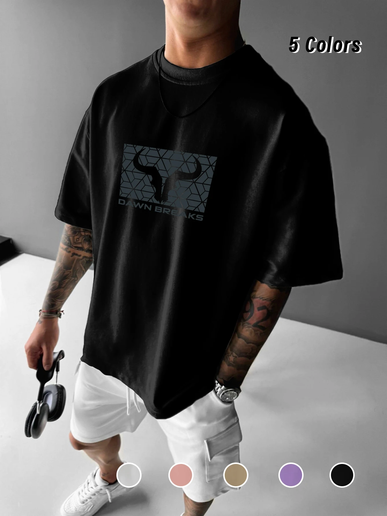 Men's Oversized Crew Neck Short Sleeves T-Shirt with Bull Patterns, New Streetwear Look for Summer&Spring