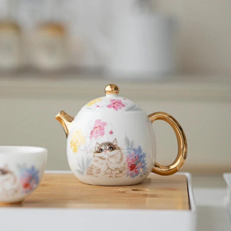 

White Porcelain Cute Cat Teapot Cute Painted with Filter Hole Dragon Egg Pot High-grade Household Ceramic Kung Fu Tea Set