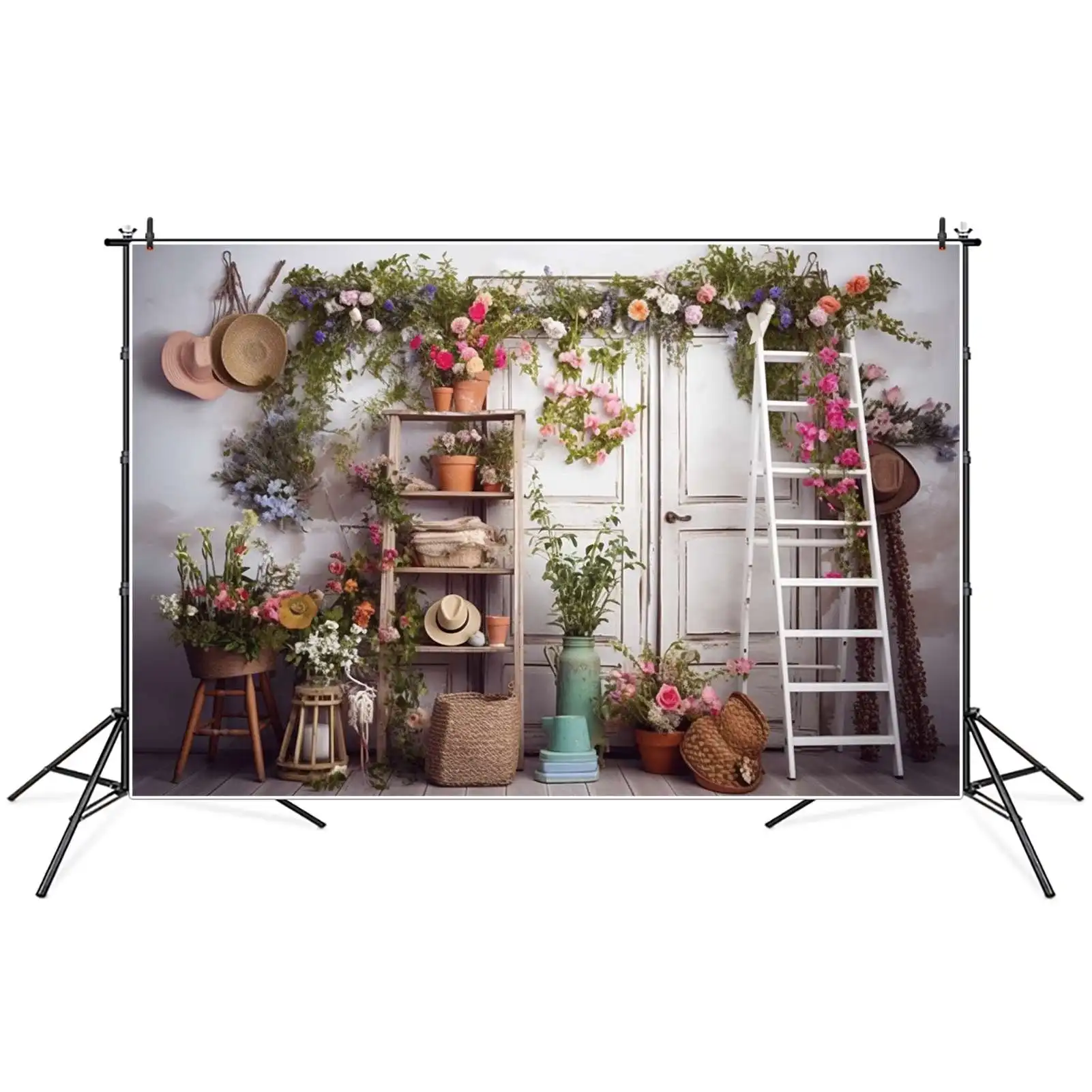 MOON.QG Backdrop Children Birthday Party Photo Booth White Door Ladder Flower Background Customized Garden Room Wall Decorations