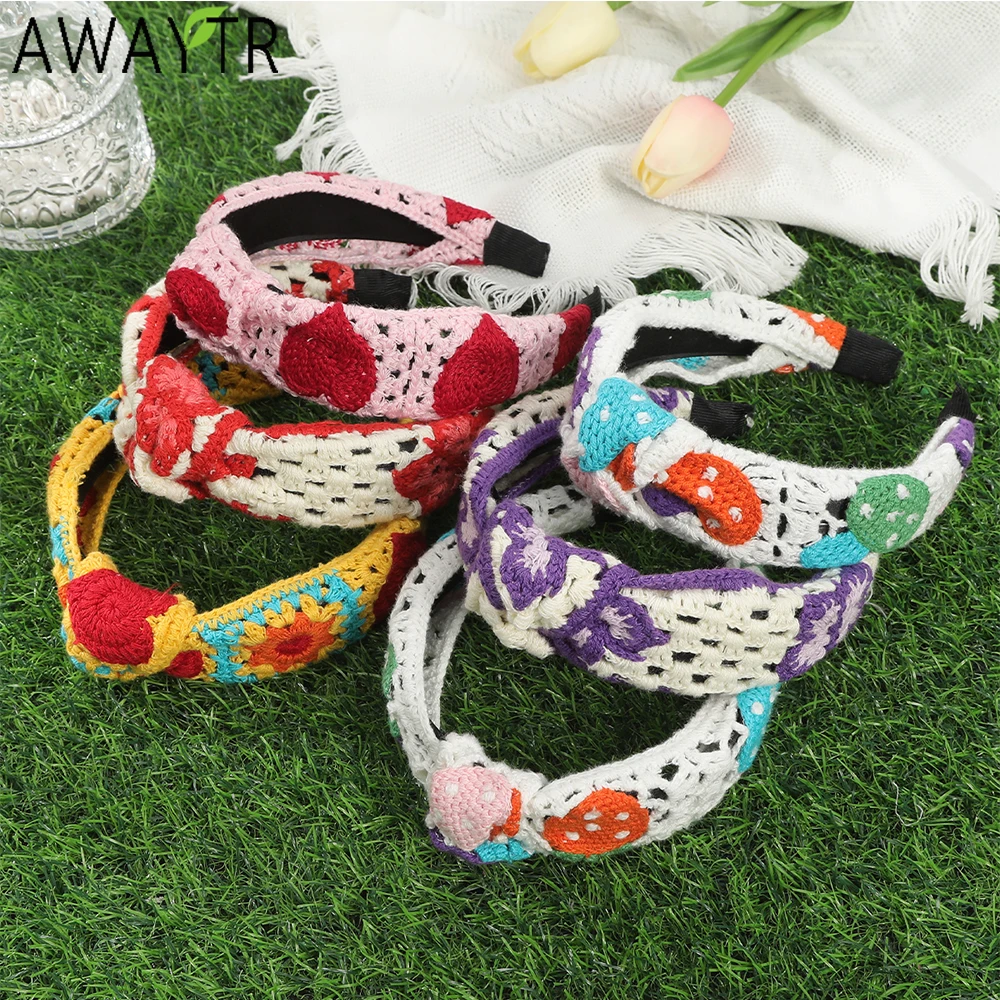 AWAYTR Knitted Mushroom Strawberry Headbands Farbic Floral Wide Headband Plastic Hair Accessories For Women Trends