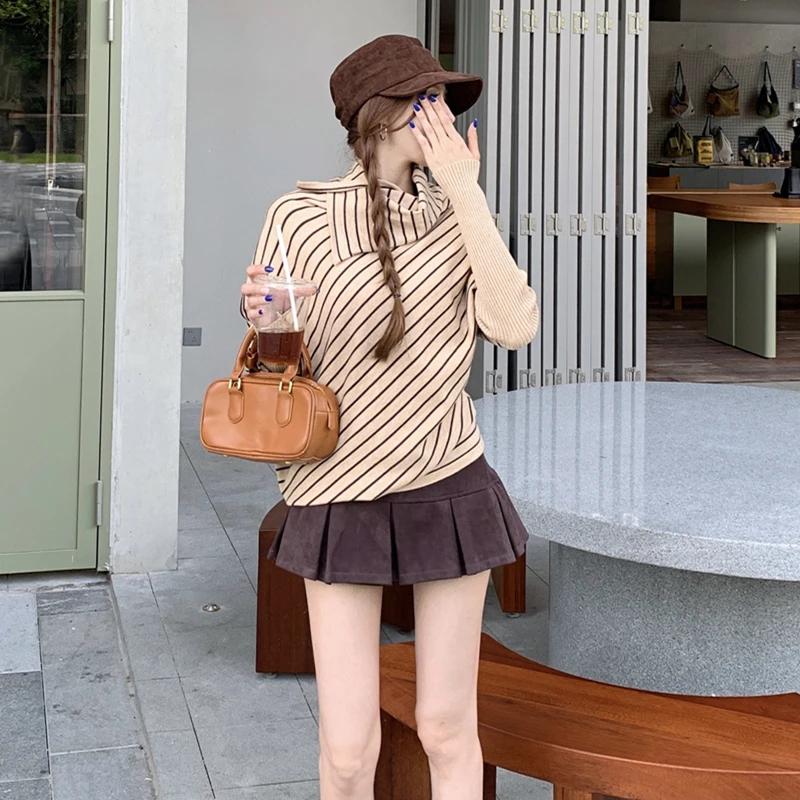 เสื้อสเวตเตอร์ไหมพรมแขนยาวทรงหลวม ดีไซน์เกาหลีสุดฮิตปี 2026 ลายทาง คอวี แขนทรงปีกค้างคาว สไตล์โบฮีเมียน สำหรับผู้หญิง สินค้ามาใหม่