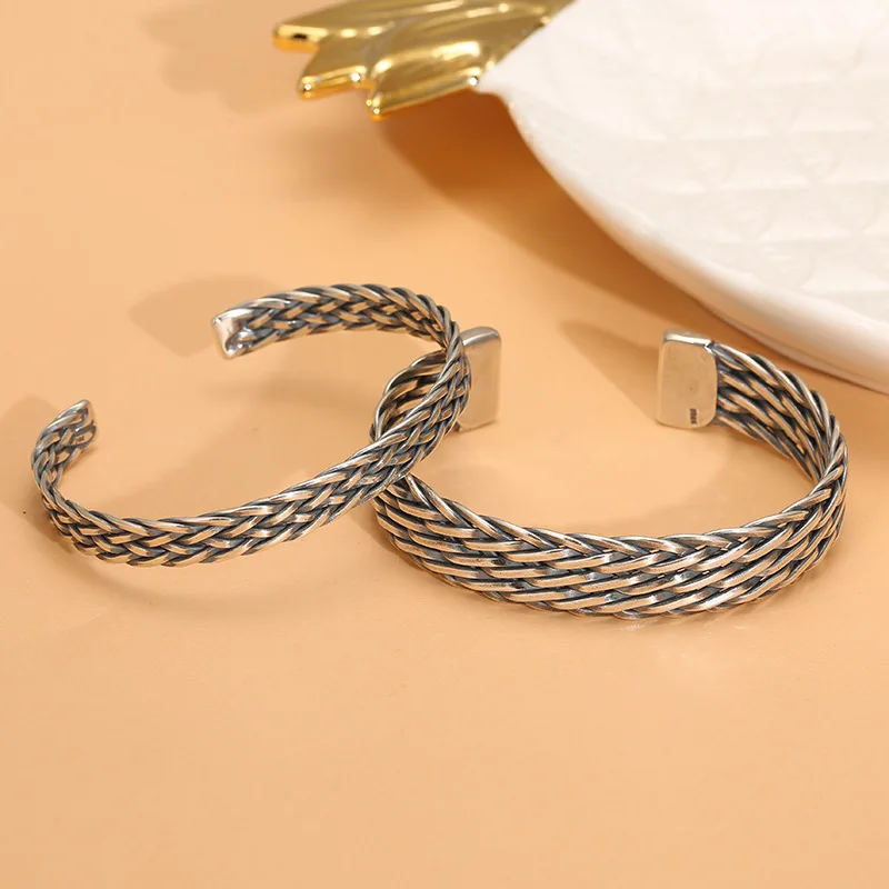 

Jewelry qingmai handmade silver bracelet for men and women retro hemp rope braided thai silver 925 sterling silver open bracelet