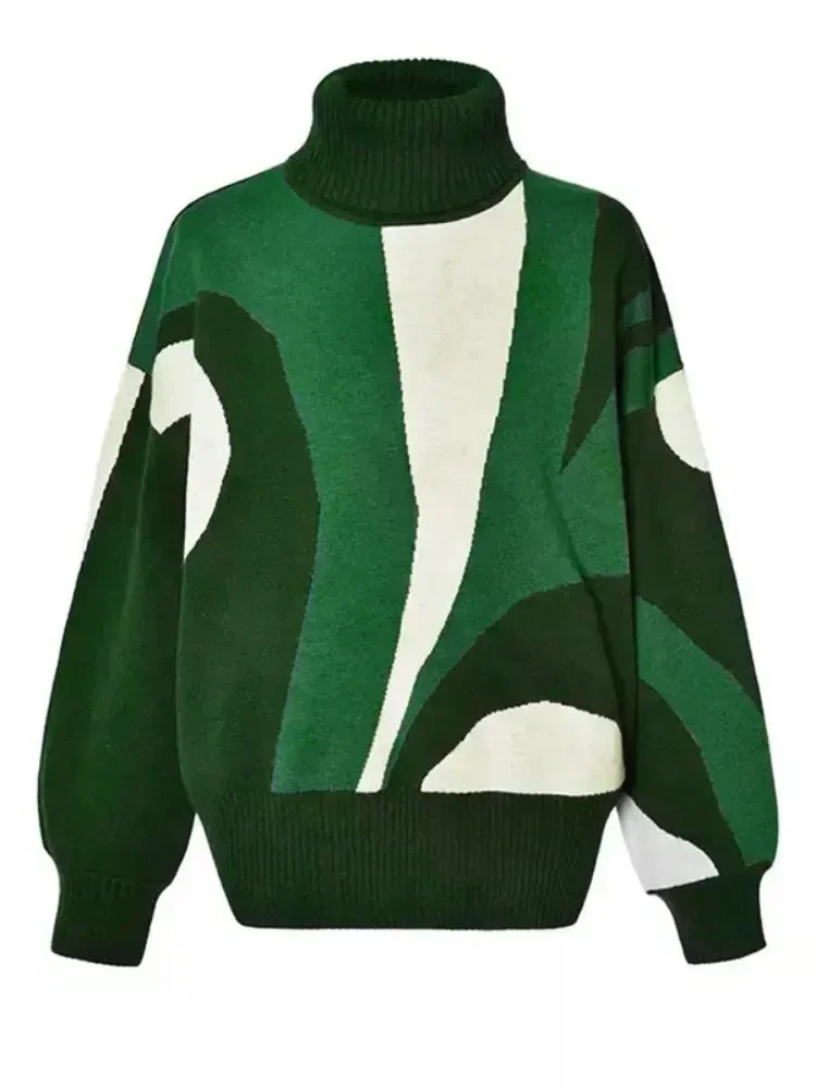 Gymystars Women's Sweater Green Pullovers Knitwear 2025 New Fashion Autumn Contrast Color Soft Warm Tops Chic Femme Clothing