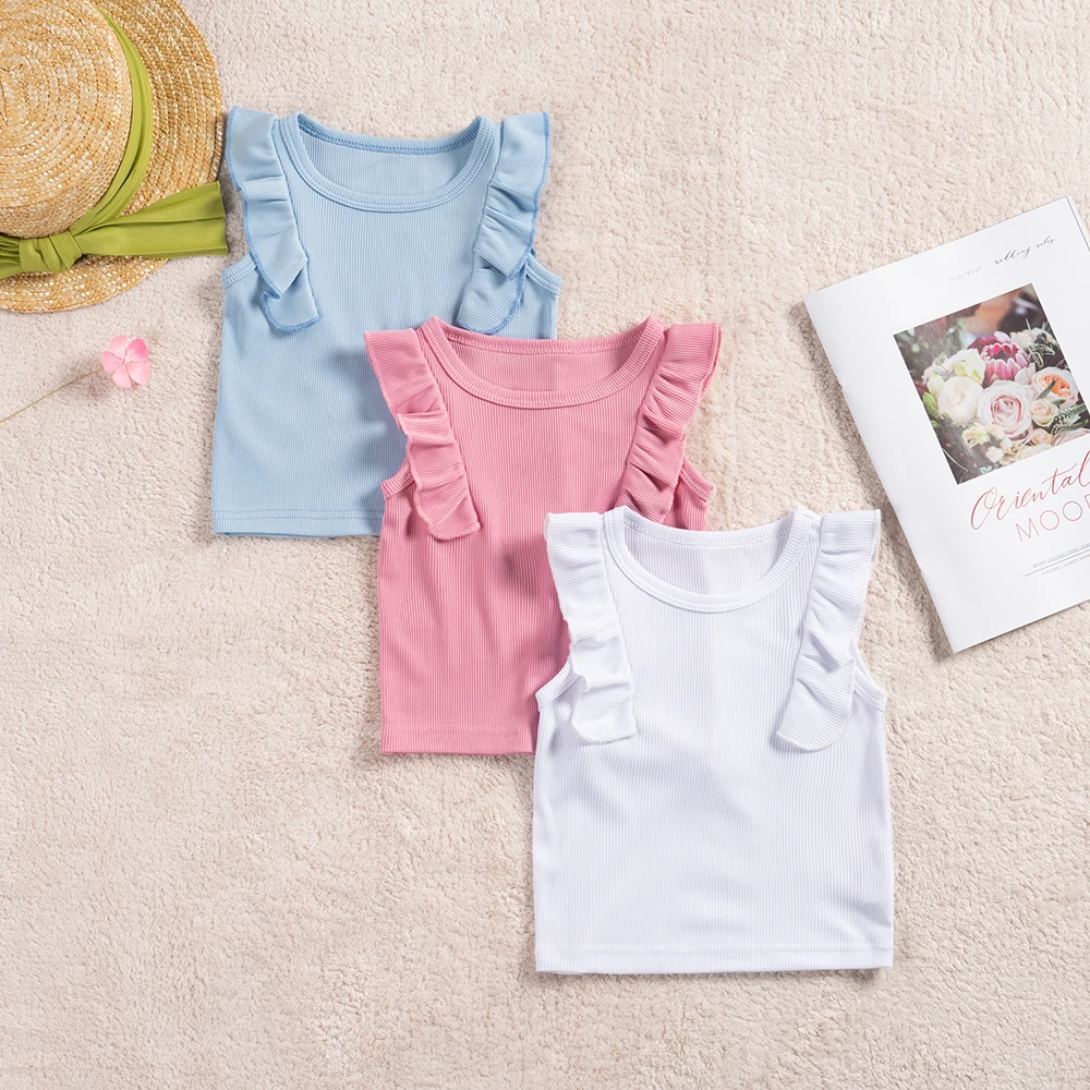 Baby Girl Summer T-shirt 3-piece Solid Color Knitted Breathable Small Flying Sleeves for Casual Fashion, Daily Wear or Home Wear