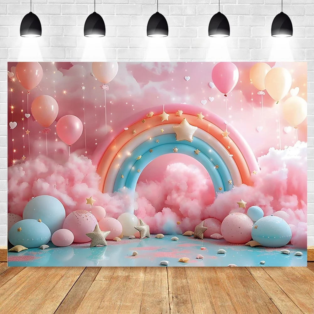 Palloncini Sfondo arcobaleno per fotografia Neonato Festa di compleanno Torta Smash Principessa Ragazze Ritratto Sfondo Photocall