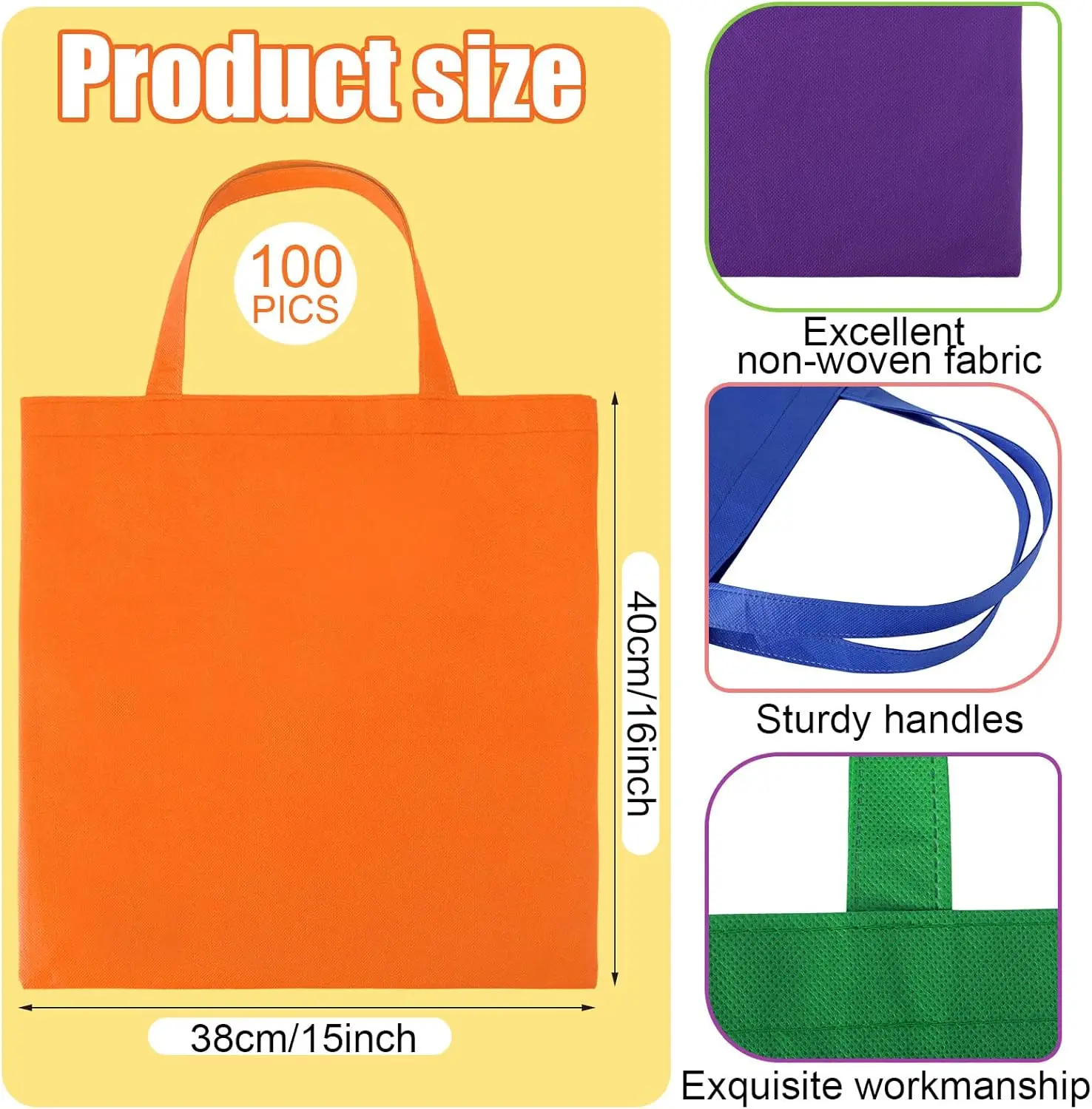 100 Pieces Bulk Tote Bags Reusable Shopping Grocery Bags 15'' x 16'' Non Woven Fabric Bags with Cloth Fabric Reusable Totes