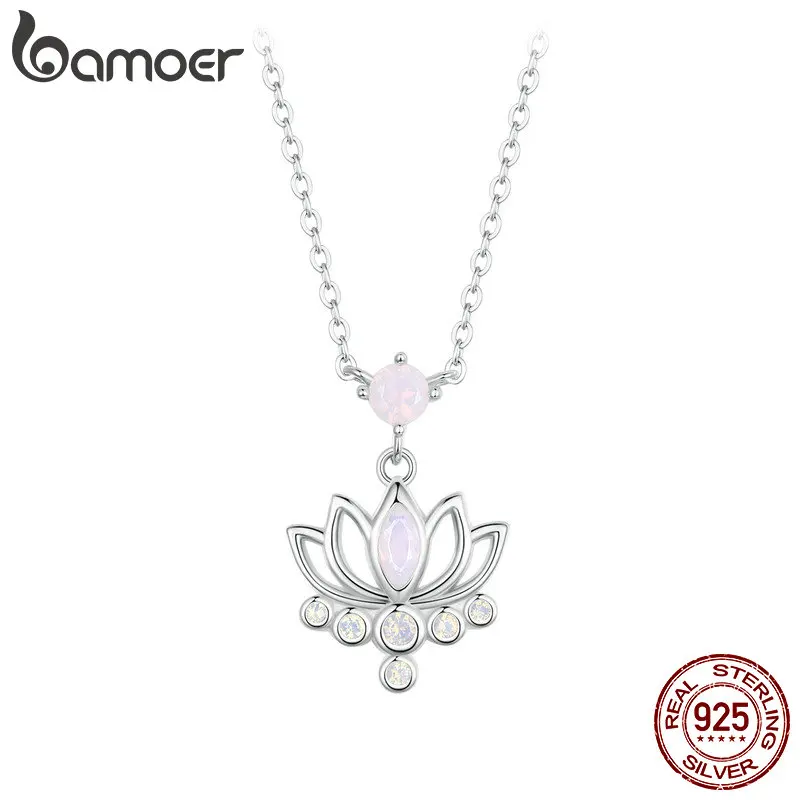 Bamoer 925 Sterling Silver Lotus Pendant Necklace Pink Opal Flower Neck Chain for Women Engagement Birthday Fine Jewelry Gift