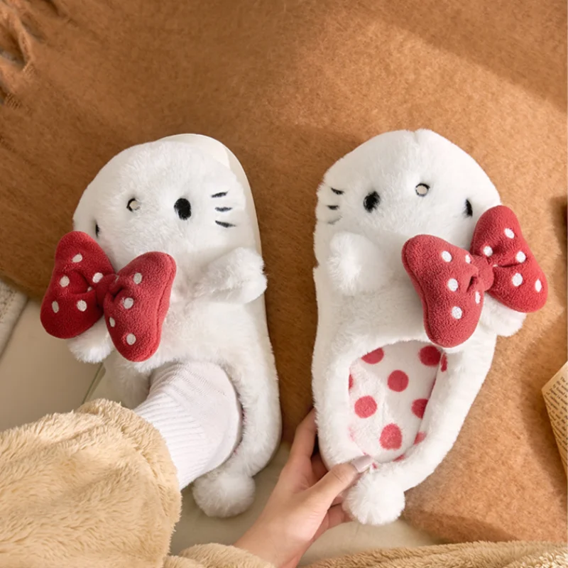 Sanrio autumn and winter Hello Kitty cute warm home women's shoes cartoon polka dot non-slip thick-soled plush cotton slippers