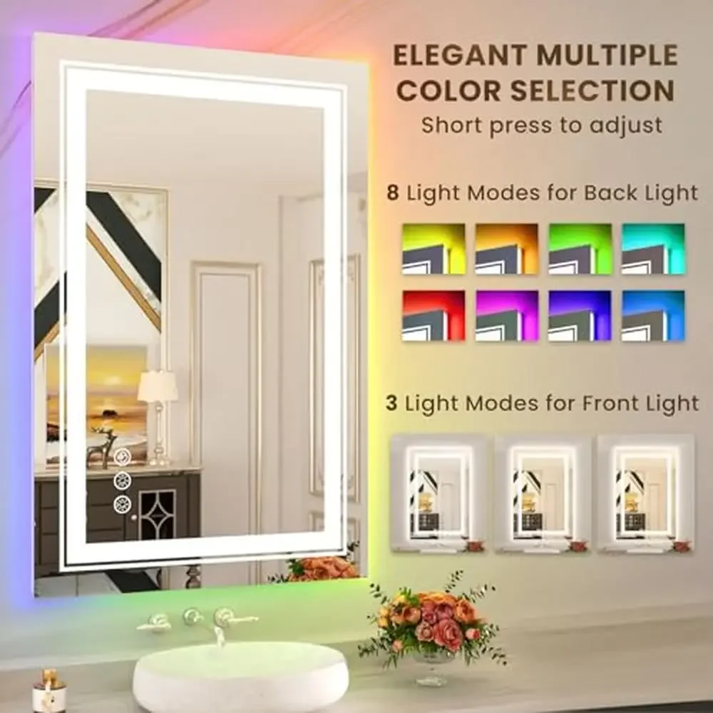 Dimmable Bathroom Vanity Mirror with RGB Backlit Anti-Fog Shatterproof Easy Install Rectangular Shape