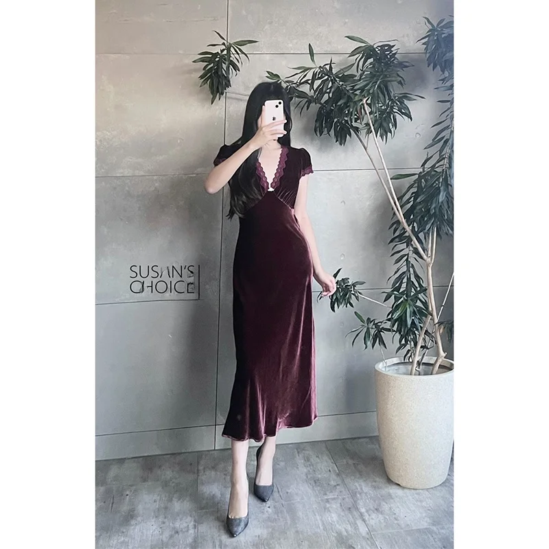 

Винтажное платье Susan из высококачественного шелкового бархата, двухцветное, с V-образным вырезом, коротким рукавом, асимметричное, в стиле ретро, цельное, весеннее.