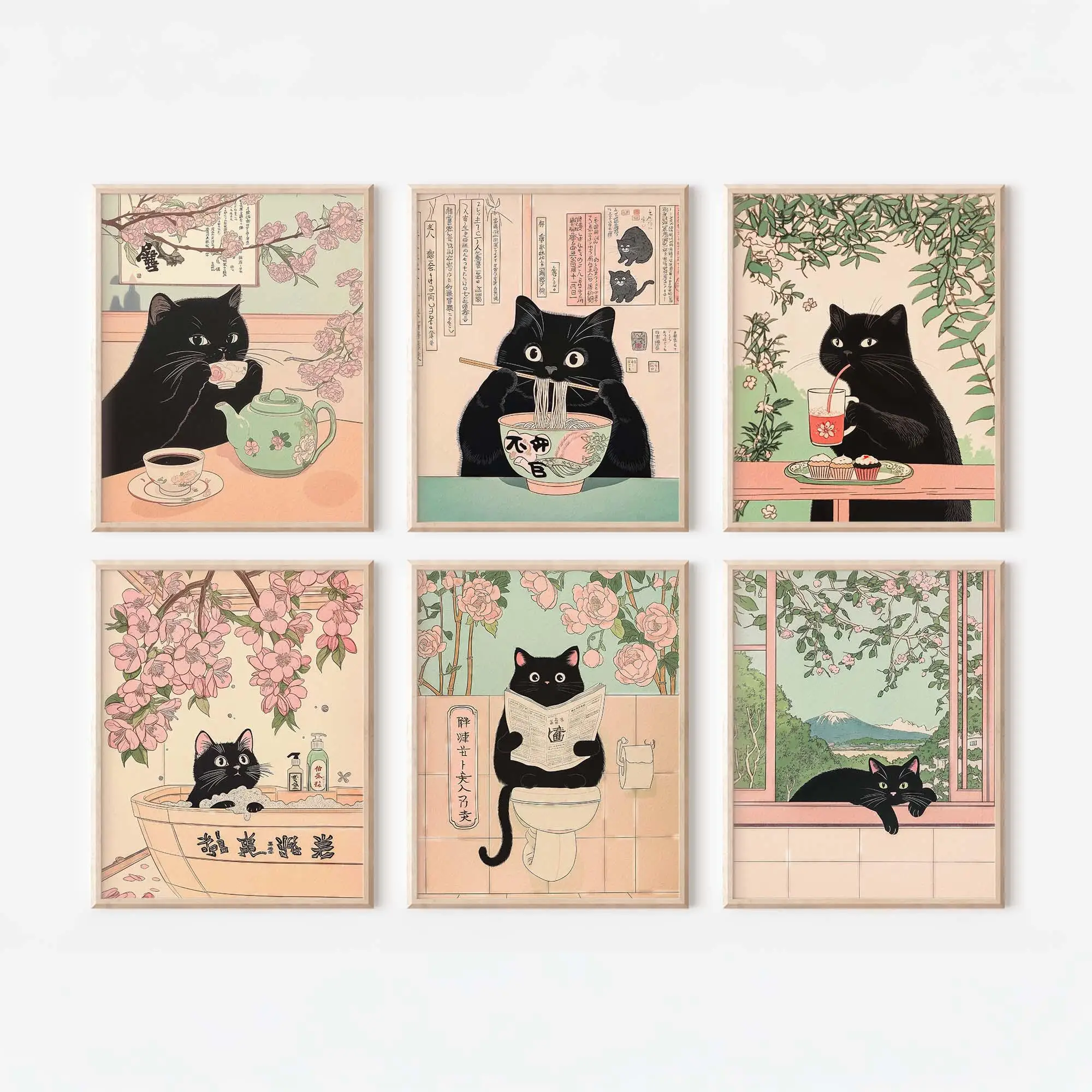 1/6 Stück Leinwanddruck im japanischen Stil: Katze beim Nudelnissen, schwarze Katze beim Baden, Badezimmer-Wandkunst-Poster für moderne Küche und Heimdekoration