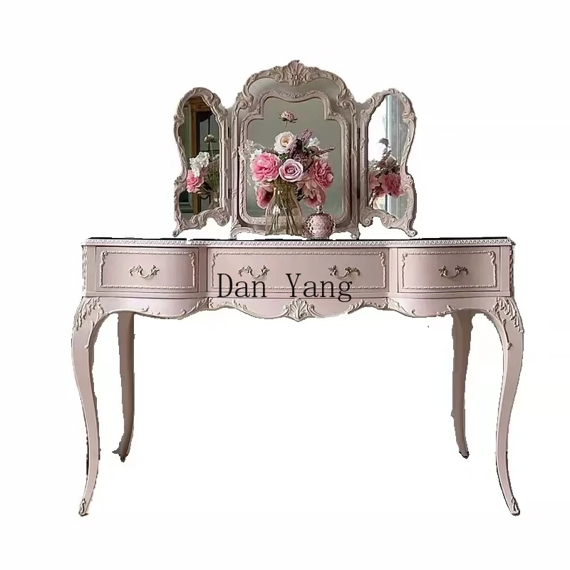 YJ retro old pink dresser solid wood carving flower dressing table makeup stool glass combination