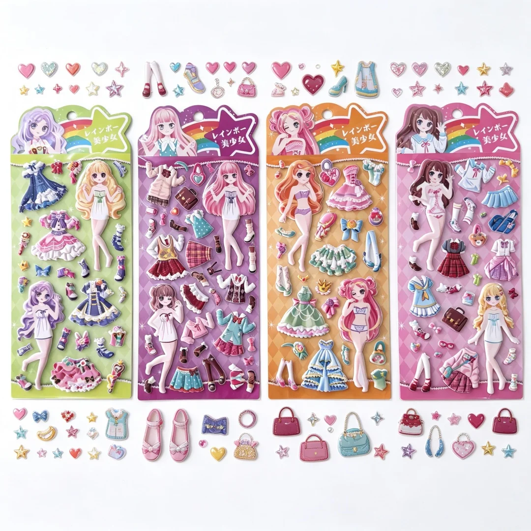 4 Sheets Kawaii Anime Girl Dress Up Puffy Stickers, Princess Changing Clothes Bubble Stickers for Kids Crafts Scrapbook