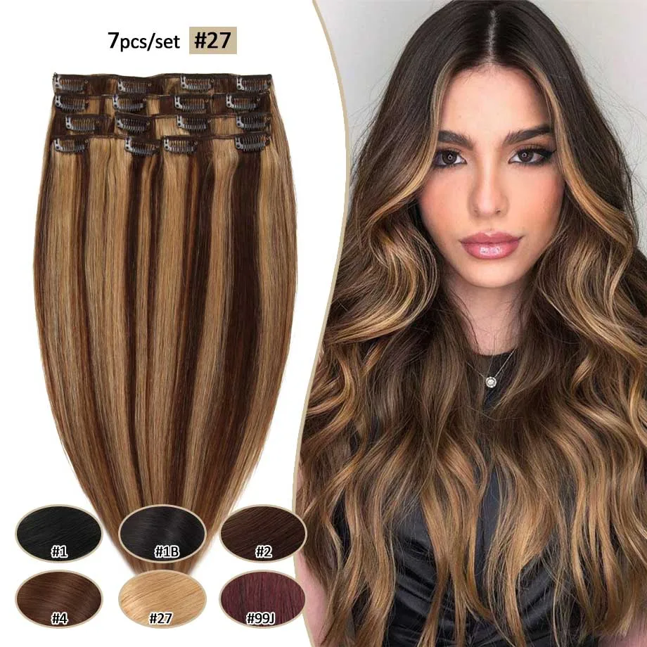 

Human Hair Clip in Hair Extensions Chocolate Brown Mixed Caramel Blonde 70g 7pc Clip in Hair Extensions Real Human Hair Straight