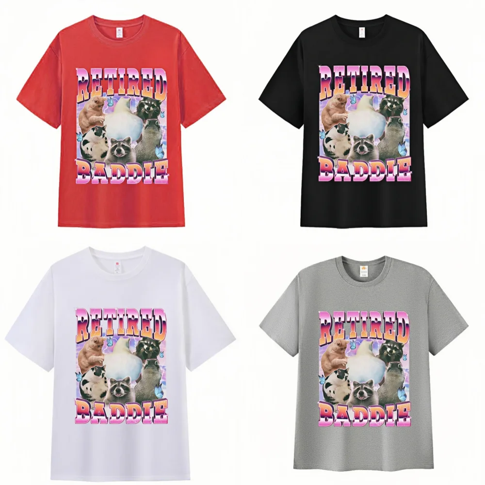 

Retired Baddie Cat Raccoon Lover Funny Graphic Print T-Shirt Men's Women's Fashion Oversized T-Shirt Crew Neck Short Sleeve