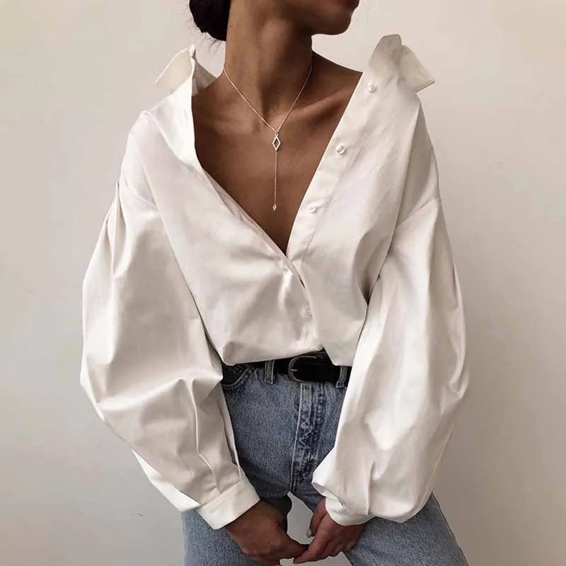 Lantern Sleeve Fashion Cotton Office Shirt Women Casual Vintage Sexy Buttons White Blouse Street Loose Ladies Tops Blusas 10903