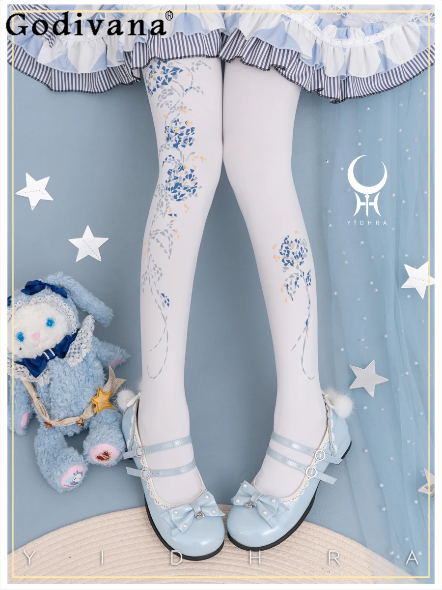 Original Girly Sweet Y2k Lolita White Pantyhose 2024 Summer New Fashion Kawaii Slim-Fit Printed Stockings Women Elegant Gifts