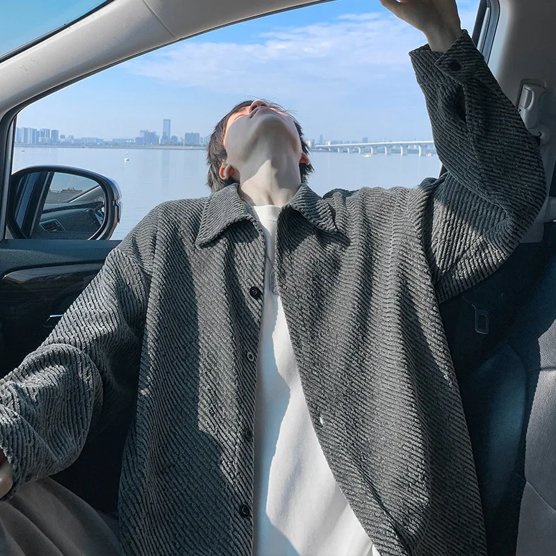 

Autumn Heavyweight Men's Jaet Trendy Loose Striped Texture Coat for Teenagers Polyester Fiber Youth Outerwear