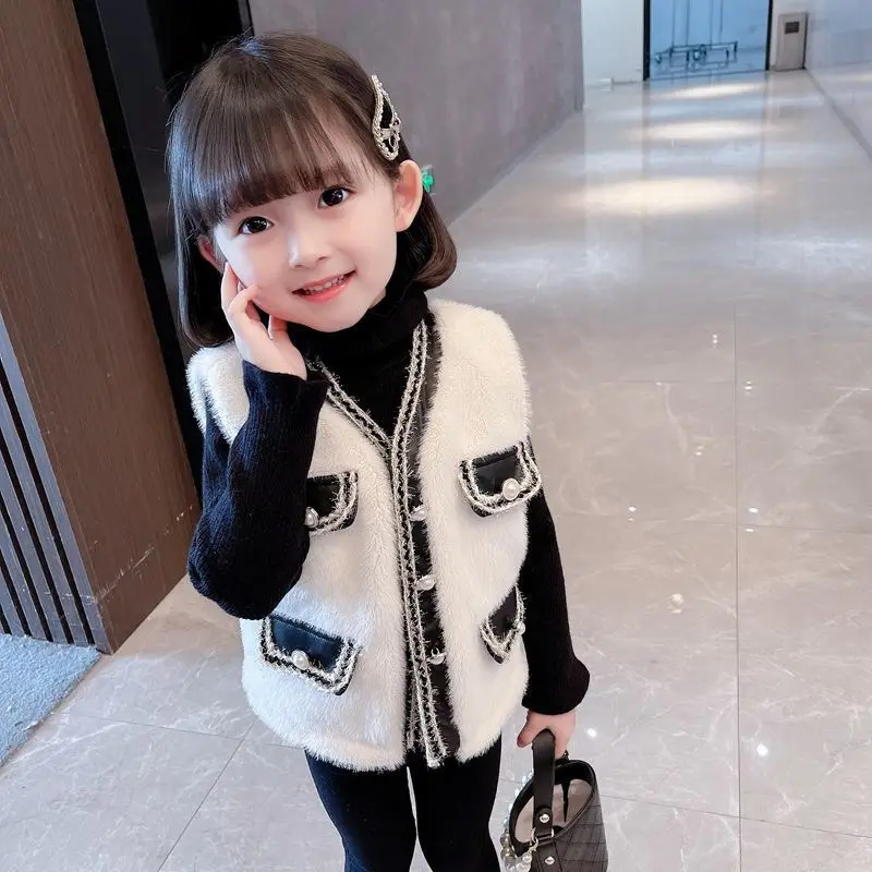 

Autumn Winter Kawaii Fashion Korean Style Girls Vests Casual Kids Tops Sweet Button Patchwork Waistcoats Cute Children's Clothes