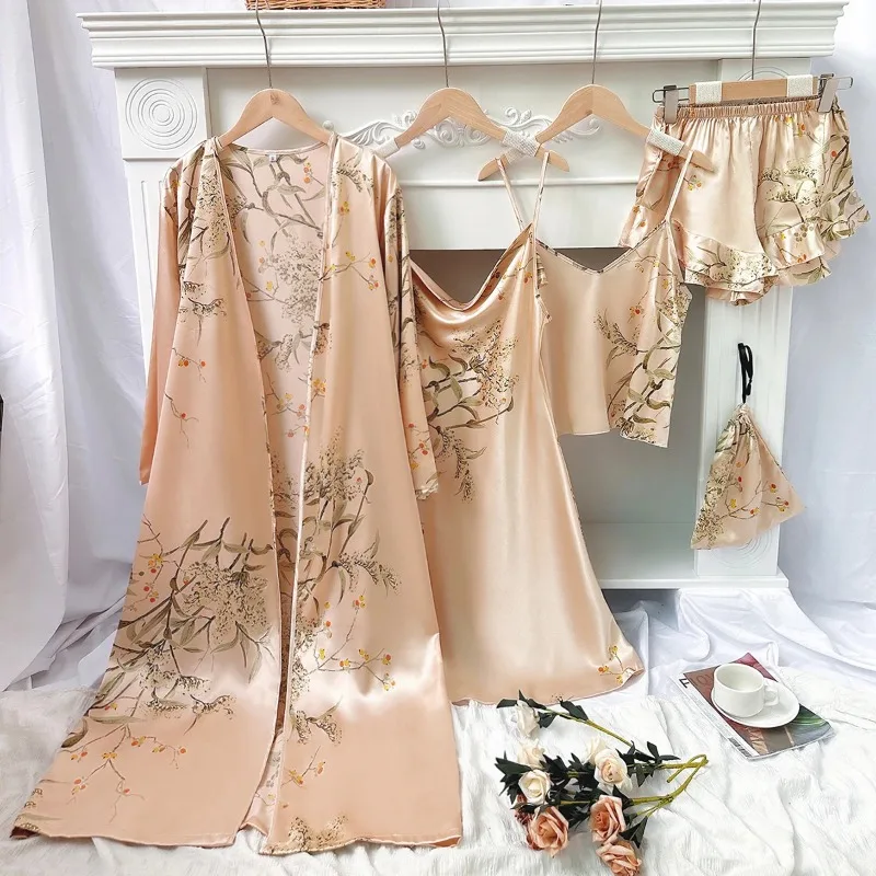 

5 шт., халат с длинными рукавами и цветочным принтом, платье на бретельках, топ на бретельках, шорты с рюшами по подолу, простые пижамные комплекты для женщин, халаты для женщин, 2025 г.