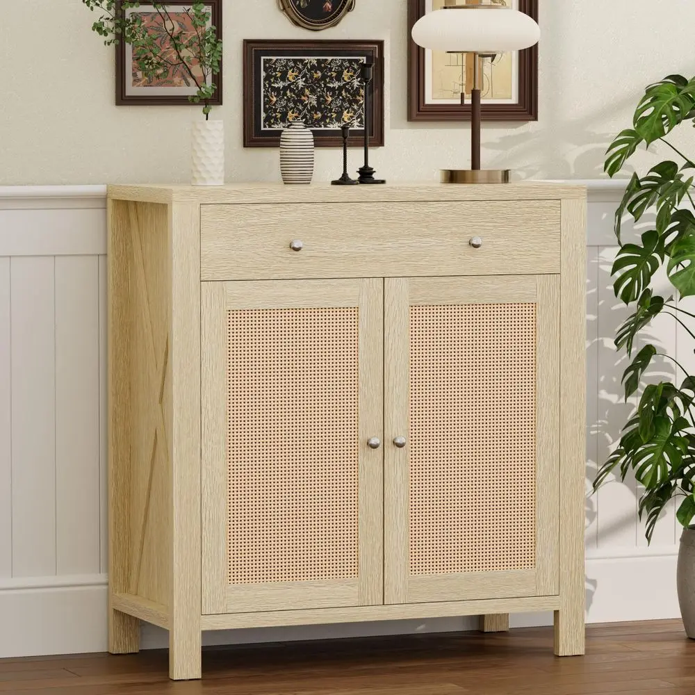 

Буфет-сервант в стиле фермерского дома с отсеками для хранения, тумба с дверцами из ротанга, многофункциональный шкаф-консоль для хранения