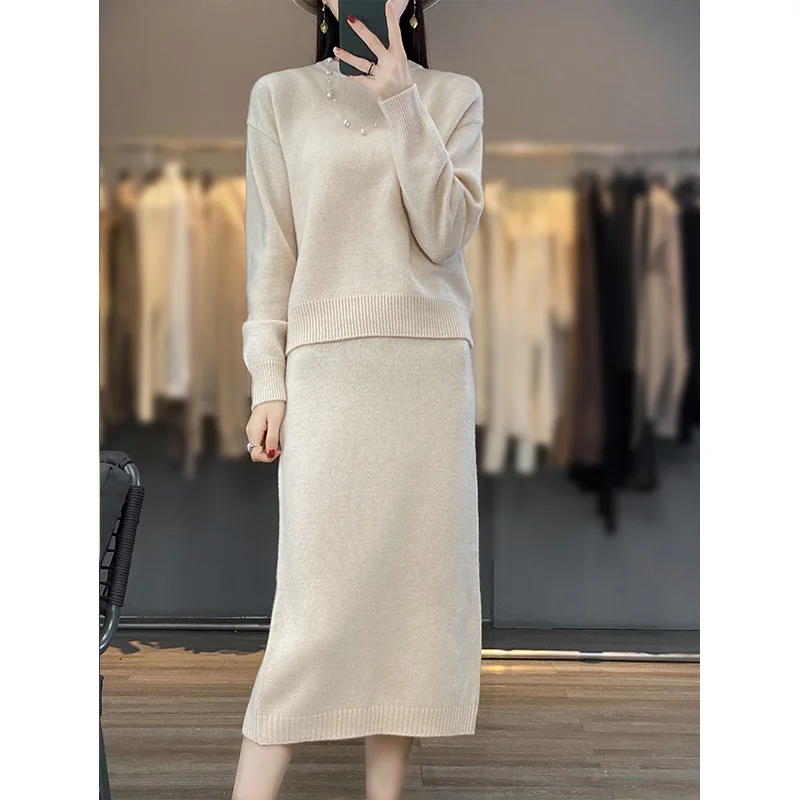 Hot Selling Women's 100% Wool Set Fashion O-Neck Pullover Sweater Long Sleeve Knitted Slim Fit Half Skirt Cashmere Set