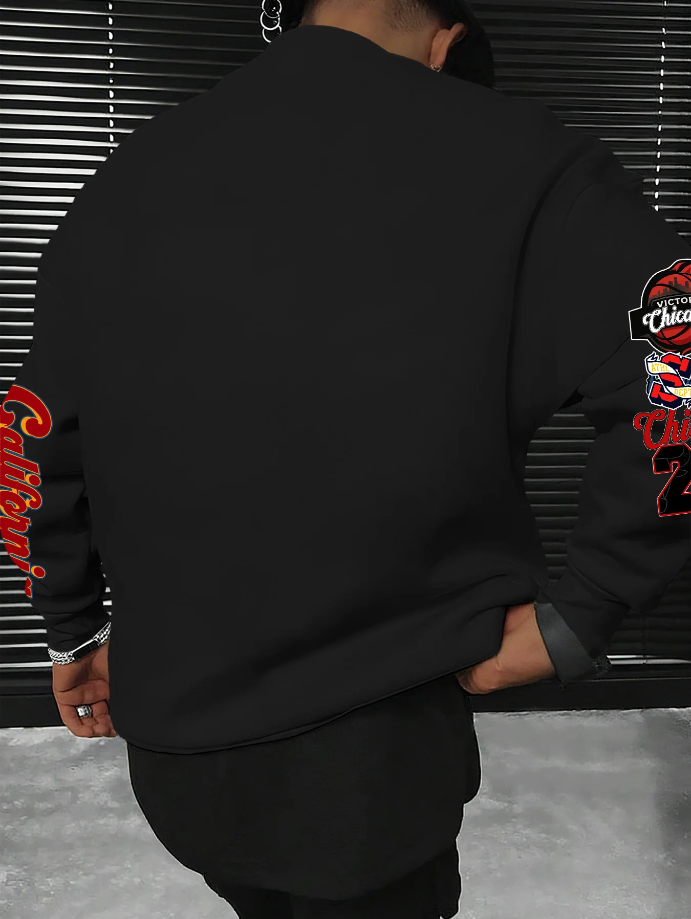 Herren-Sweatshirt mit Rundhalsausschnitt, American Street Style, Chicago 23 Multi-Badge-Print, Polyester, Alltagskleidung, S-XXL – Detail 3
