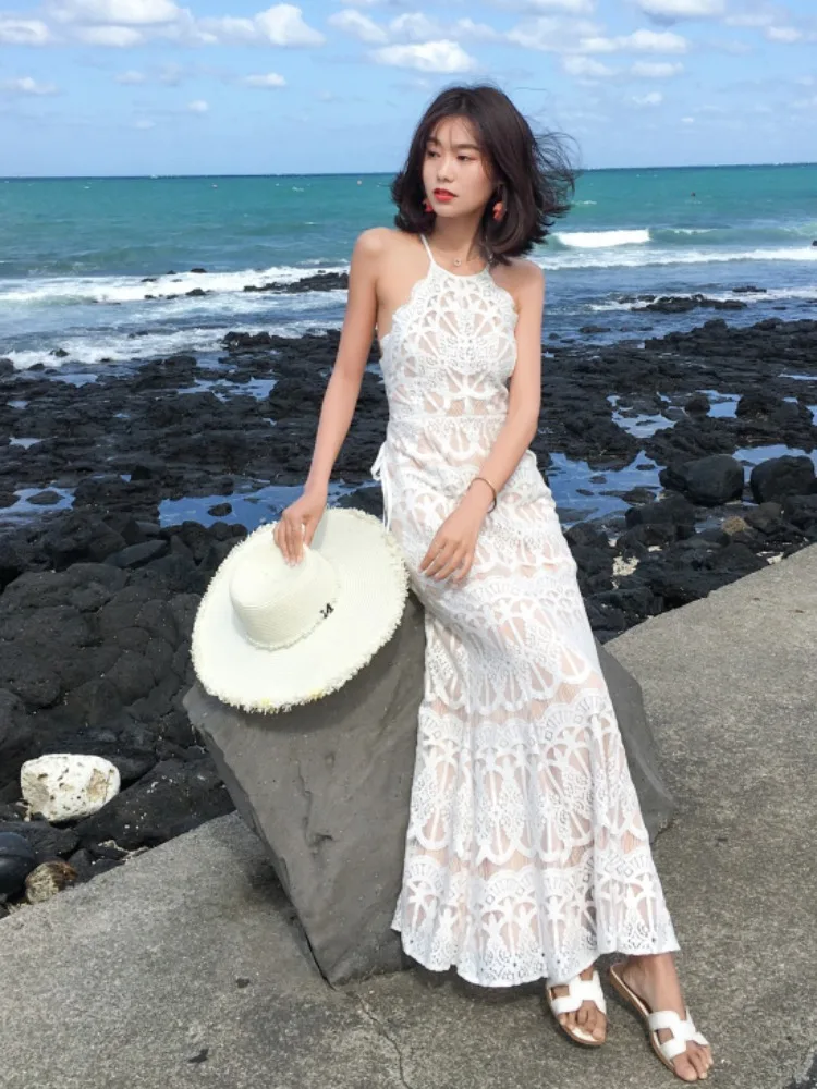

French Style Beach Vacation White Lace Backless Mermaid Dress High-End Gown Halter Strap Long Dress