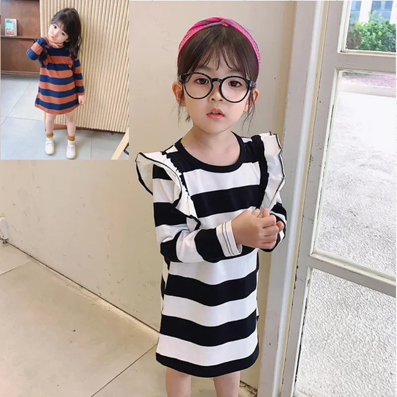 Spring Autumn 2024 New Girls Skirt Striped Color-Blocked Flying Sleeve Dress Cotton Comfortable Fashion Sweatshirt Dress