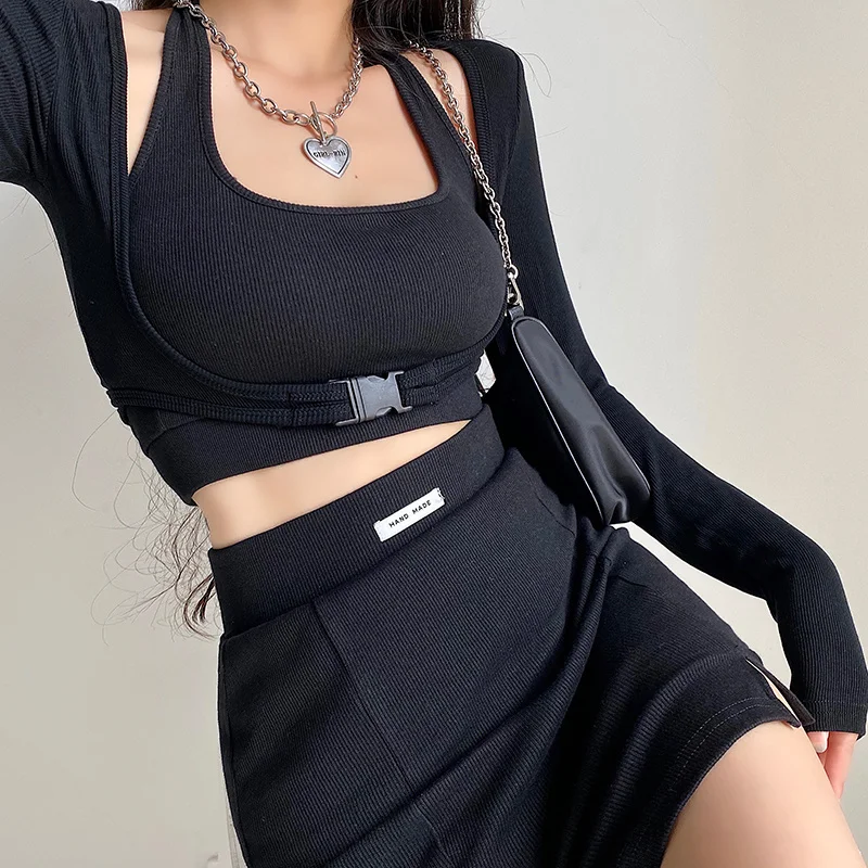 3 Pieces Sets Women Casual Sportswear 2024 New Sexy Sweet Halterneck Tank+Long Sleeve Crop Tops And Tight Slitp Mini Skirts Set